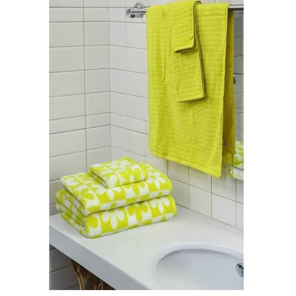 Kapoor Home 6-Piece Bath Towel Set‎ Yellow White Checkered Daisy Floral Waffle
